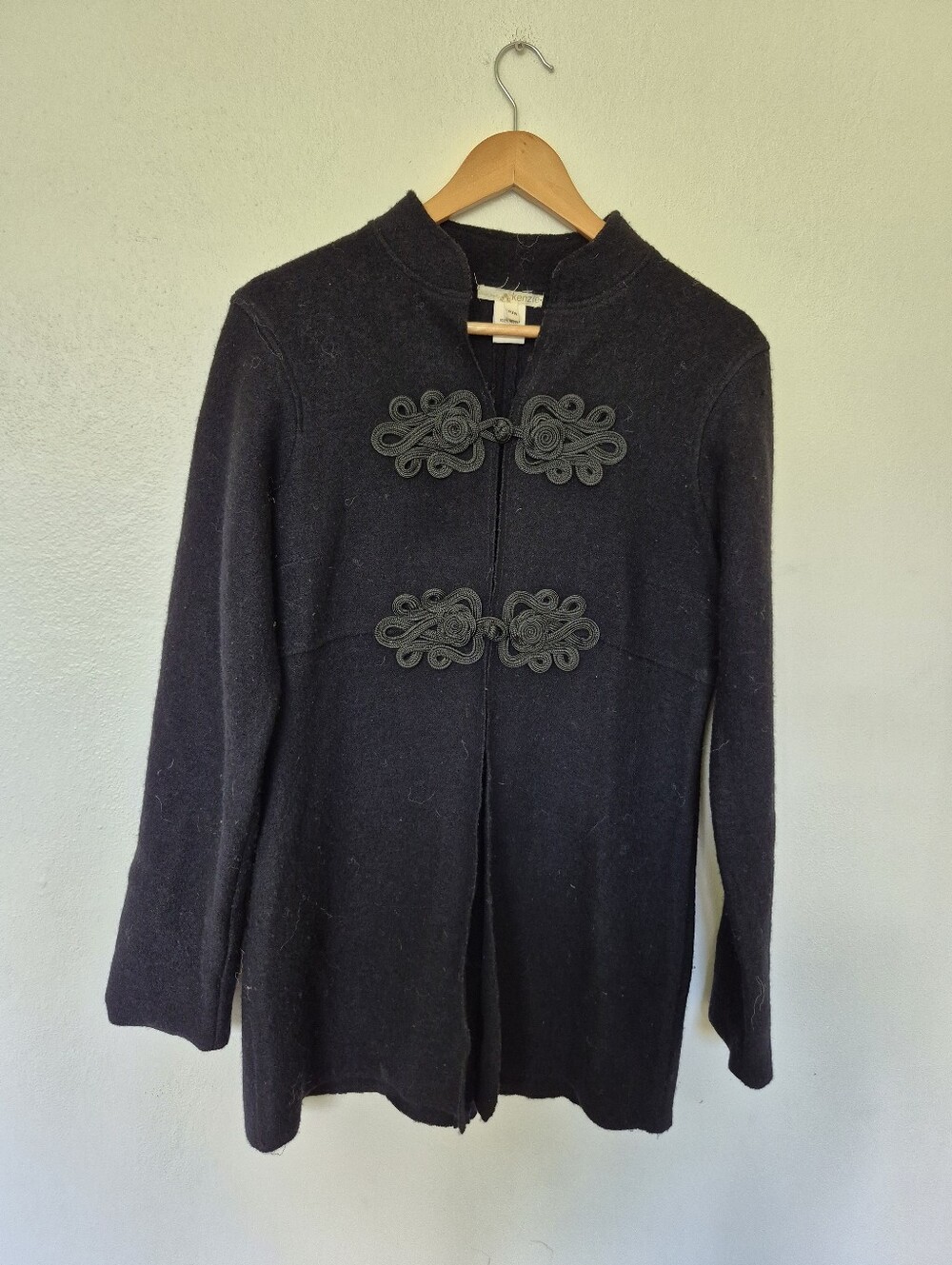 100% Wool Jacket With Soutache Braided Closures Vintage Kenzie Size Medium Black